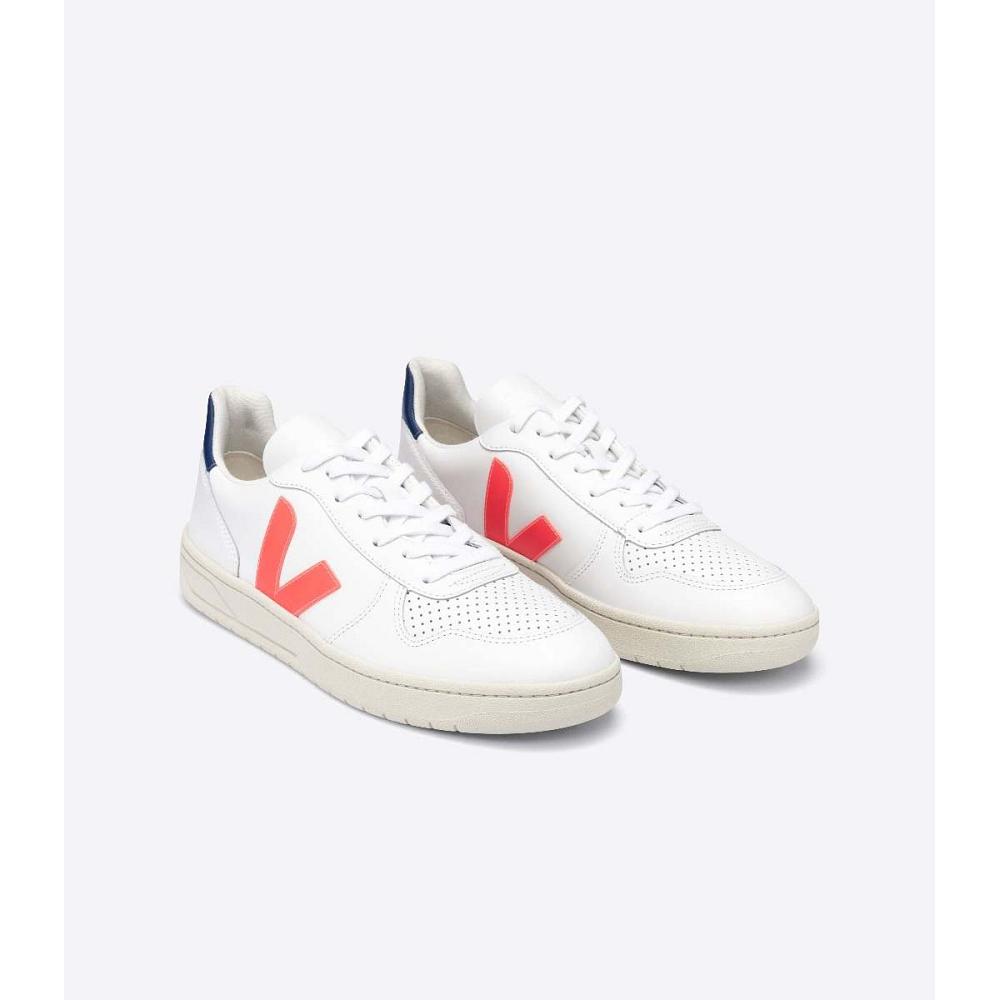 Veja V-10 LEATHER Joggesko Dame White/Orange/Blue | NO 646JPQ